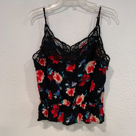 ReVamped Crop Tank Top Spaghetti Straps Elastic Ruffle Black Floral Size Large - Picture 2 of 8